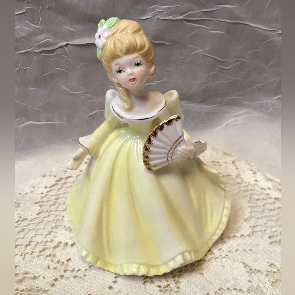 Victorian Fan Girl Josef Original Looking Porcelain Girl Yellow Ball Gown